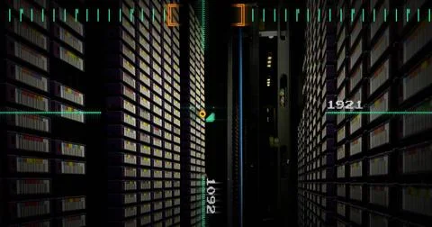 Image of data processing and scanner over server room Stock Illustration
