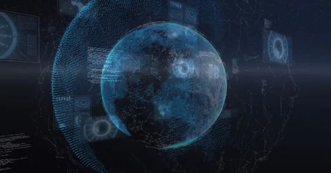 Image of data processing and scanning over earth seen from space Illustrazione stock