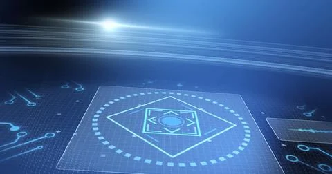 Image of data processing and scope scanning over blue background Illustrazione stock