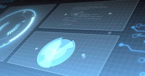 Image of data processing and scope scanning on screens over grid Stock Illustration