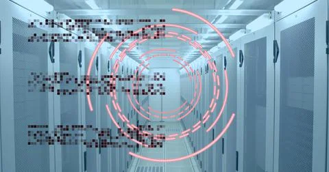 Image of data processing and scope scanning over server room Stock Illustration