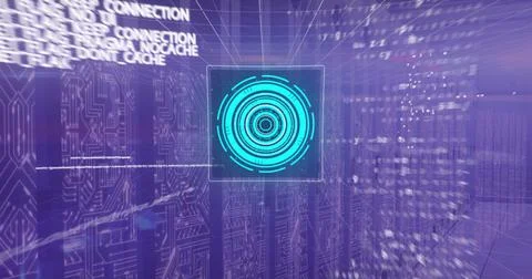 Image of data processing and scope scanning over server room Stock Illustration