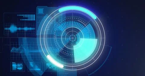 Image of data processing and scope scanning over blue background Illustrazione stock