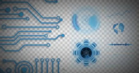 Image of data processing and scope scanning with blue computer circuit board 스톡 일러스트