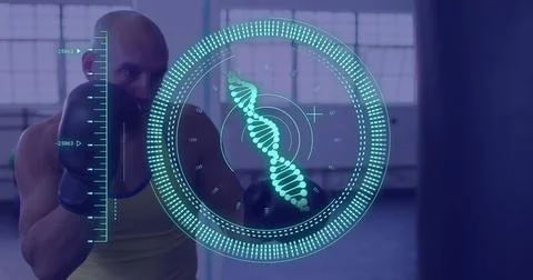 Image of data processing and scope scanning with dna strand over caucasian male 스톡 일러스트