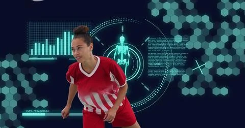 Image of data processing and scope scanning over biracial female soccer player Stock Illustration