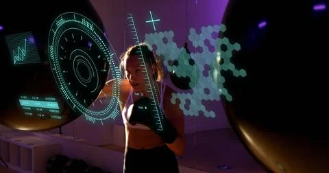 Image of data processing and scope scanning over caucasian female boxer punching 스톡 일러스트