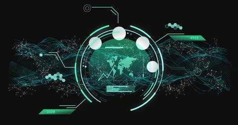 Image of data processing and scope scanning over shapes and world map Stock Illustration