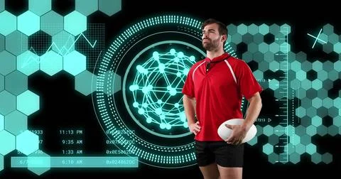Image of data processing and scope scanning over caucasian male rugby player 스톡 일러스트
