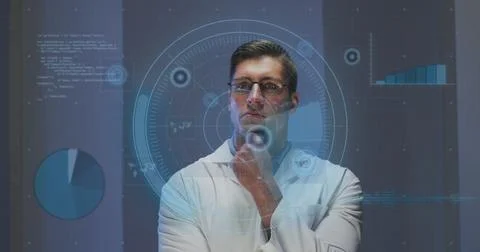 Image of data processing and scope scanning over caucasian man Illustrazione stock