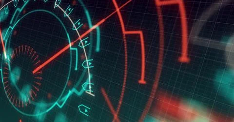 Image of data processing and scope scanning on black background 스톡 일러스트