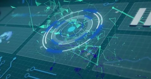 Image of data processing and scope on blue background Stock Illustration