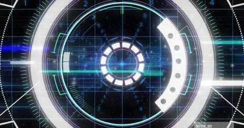 Image of data processing and scope over dark background Illustrazione stock