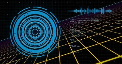 Image of data processing and scope over dark background 스톡 일러스트