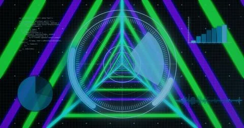 Image of data processing and scope over dark background Illustrazione stock