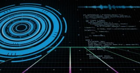 Image of data processing and scope over dark background 스톡 일러스트