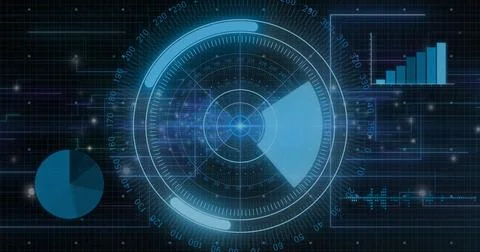 Image of data processing and scope over dark background 스톡 일러스트