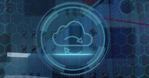 Image of data processing and scope with cloud over computer servers Stockillustratie