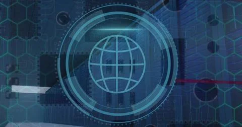 Image of data processing and scope with globe over computer servers Stock Illustration