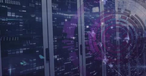 Image of data processing and scope over computer servers 스톡 일러스트