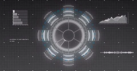Image of data processing and scope scanning over black background Illustrazione stock