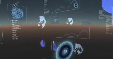 Image of data processing and scope scanning over globes イラスト素材