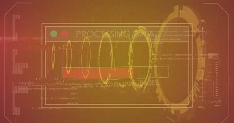 Image of data processing and scope scanning on orange background Stock Illustration