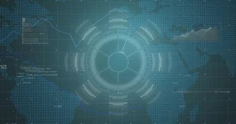 Image of data processing and scope scanning over world map on black background Illustrazione stock