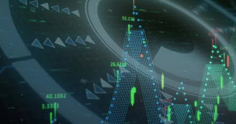 Image of data processing and scope scanning on black background Illustrazione stock