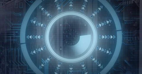 Image of data processing and scope scanning over server room 스톡 일러스트