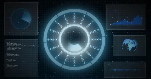 Image of data processing and scope scanning on black background Illustrazione stock