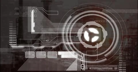 Image of data processing and scope scanning over cityscape background Stockillustratie
