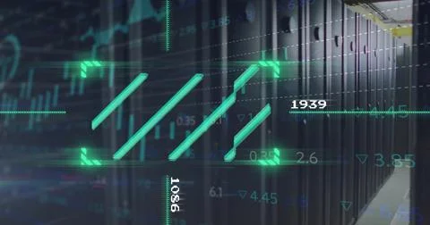Image of data processing and scope scanning over server room 스톡 일러스트