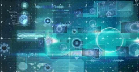 Image of data processing and scope scanning over screens Illustrazione stock