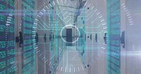 Image of data processing and scope scanning over computer servers Stock Photos