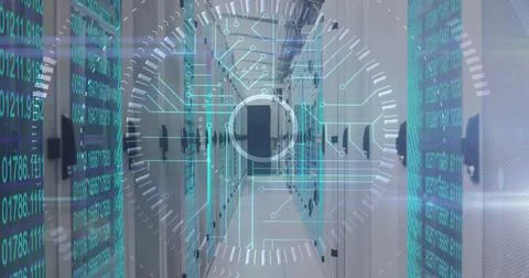 Image of data processing and scope scanning over computer servers Stock Photos