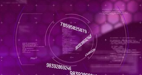 Image of data processing and scope scanning on purple background 库存照片