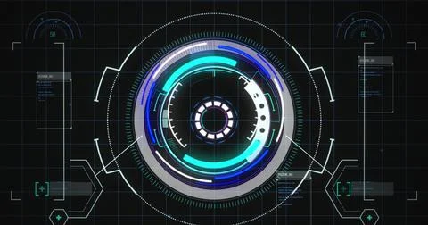 Image of data processing and scope scanning over grid Foto stock