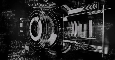 Image of data processing and scope scanning with mathematical equations on black 写真素材