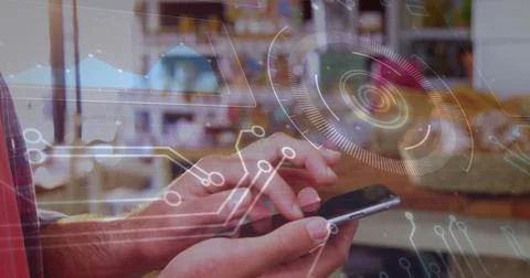 Image of data processing and scope scanning over caucasian man using smartphone Foto stock
