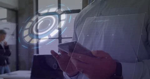 Image of data processing and scope scanning over caucasian man using smartphone Foto stock