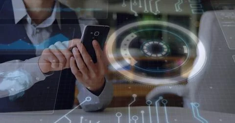 Image of data processing and scope scanning over caucasian man using smartphone 写真素材
