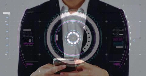 Image of data processing and scope scanning over caucasian woman using 스톡 사진