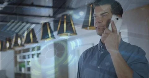 Image of data processing and scope scanning over caucasian man talking on 스톡 사진