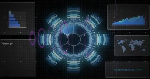 Image of data processing and scope over black background Stock Photos