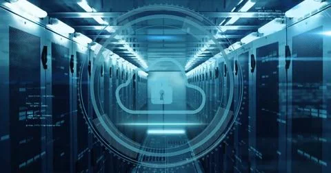 Image of data processing and scope scanning with security symbols over server Foto stock