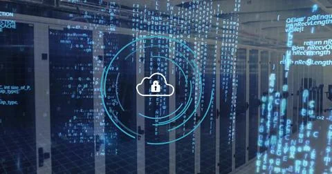 Image of data processing and scope scanning with security symbols over server Stock Photos