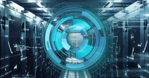 Image of data processing and scope scanning over server room Foto stock