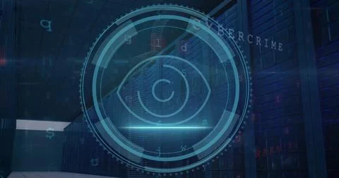 Image of data processing and scope with eye icon over computer servers Stock Photos