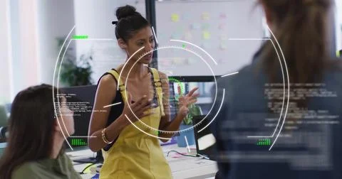 Image of data processing and scope scanning over diverse colleagues discussing Stockfoto's